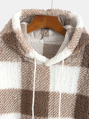 Мъжки суитшърт с качулка, каре модел, подплата от плюш, полиестер 95%, дълъг ръкав, зимен