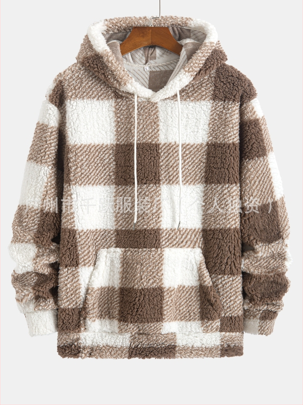 Hanorac bărbați cu glugă, model în carouri, căptușeală fleece, poliester 95%, mâneci lungi, iarnă