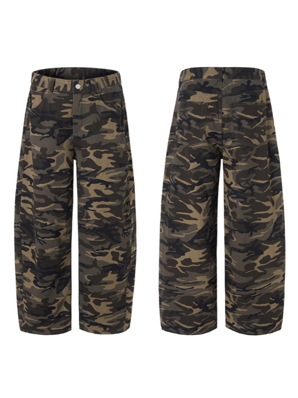 Pantaloni casual din bumbac cu imprimeu camuflaj, croială lejeră, talie medie, fermoar, 100% bumbac