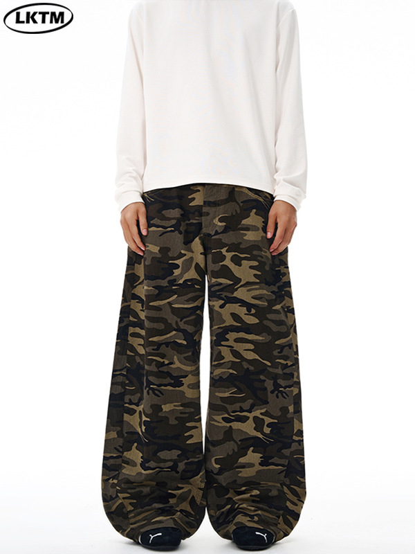 Pantaloni casual din bumbac cu imprimeu camuflaj, croială lejeră, talie medie, fermoar, 100% bumbac