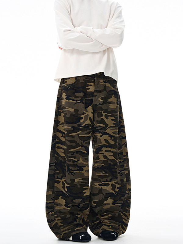 Pantaloni casual din bumbac cu imprimeu camuflaj, croială lejeră, talie medie, fermoar, 100% bumbac