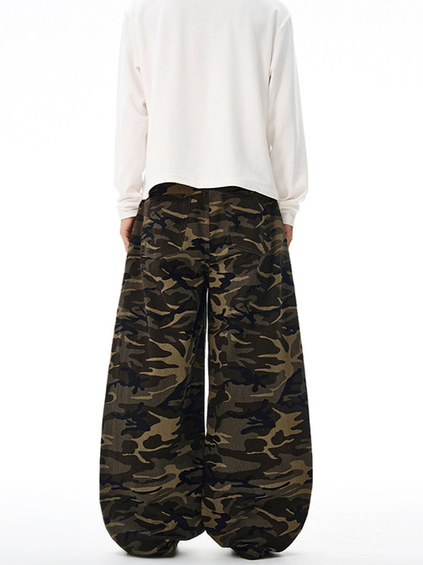 Pantaloni casual din bumbac cu imprimeu camuflaj, croială lejeră, talie medie, fermoar, 100% bumbac