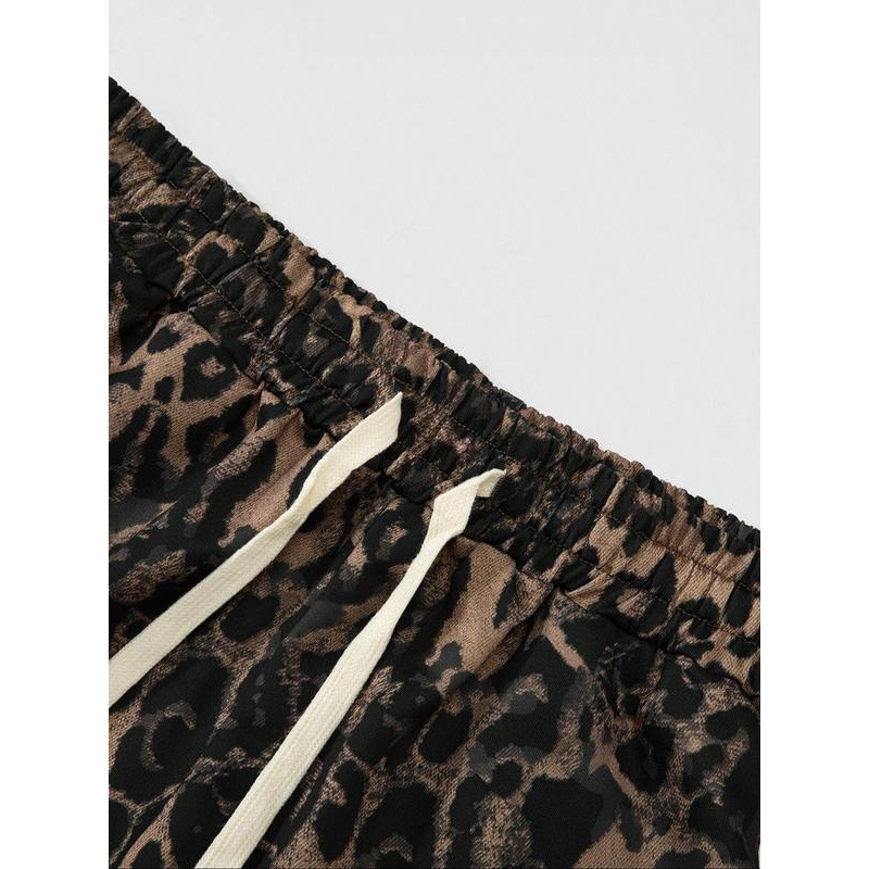 Pantaloni de lounge pentru bărbați cu imprimeu leopard și tiv contrast, primăvară, material principal 100%, senzație premium