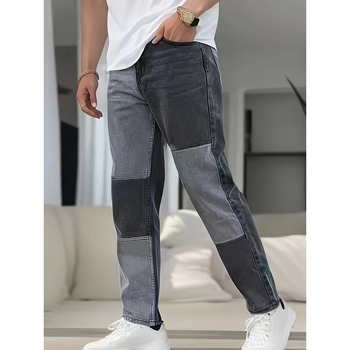 Jeansi pentru bărbați cu model bloc, material ușor elastic, căptușeală fleece, talie dublă, închidere cu șnur