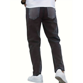 Мъжки дънки с блоков дизайн, леко опънат плат, подплатени с флийс, двойна талия, закопчаване с връзки