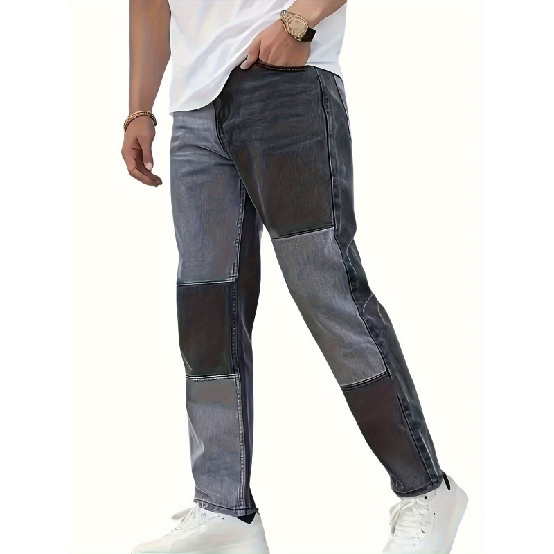 Jeansi pentru bărbați cu model bloc, material ușor elastic, căptușeală fleece, talie dublă, închidere cu șnur