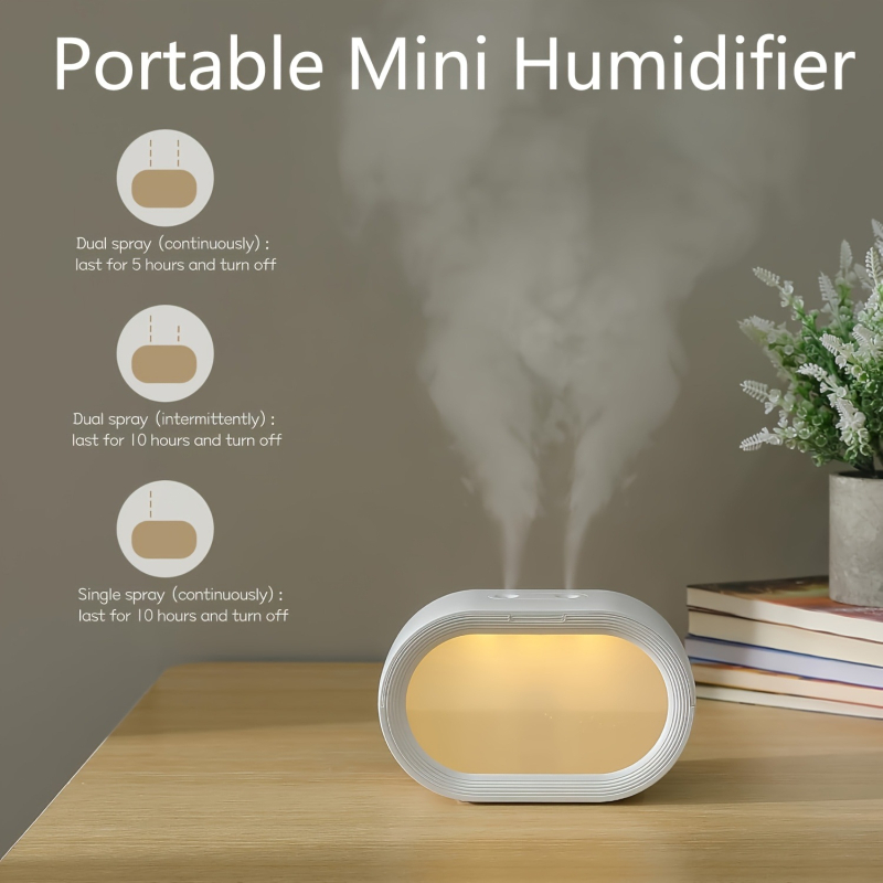 Umidificator de aer compact pentru casă, cu două ieșiri de ceață, funcționare silențioasă, utilizare pe birou, aromaterapie, acoperire până la 20 m²