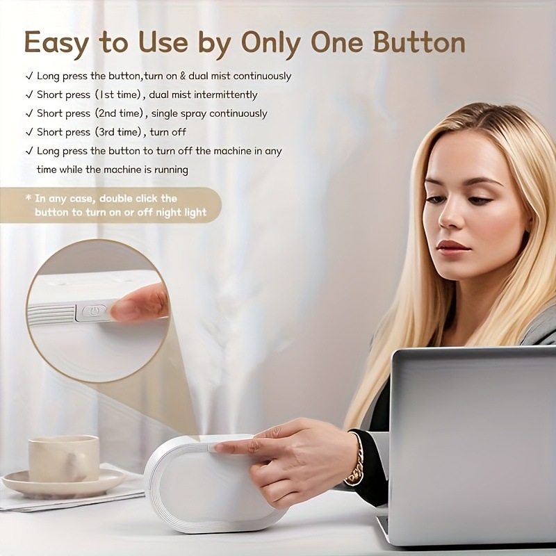 Umidificator de aer compact pentru casă, cu două ieșiri de ceață, funcționare silențioasă, utilizare pe birou, aromaterapie, acoperire până la 20 m²