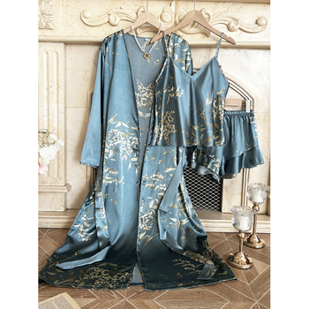 Naktsveļu komplekts ar ķiršu ziedu apdruku, V-veida kakla izgriezums, Sea Island zīds, vidēja svara