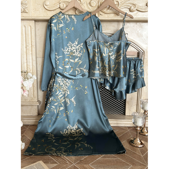 Σετ πιτζάμας ύπνου με εκτύπωση κερασιάς, V-λαιμό, Sea Island μετάξι, μεσαίου βάρους