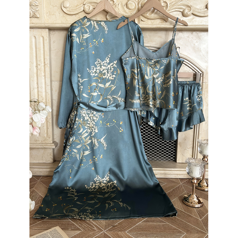 Naktsveļu komplekts ar ķiršu ziedu apdruku, V-veida kakla izgriezums, Sea Island zīds, vidēja svara