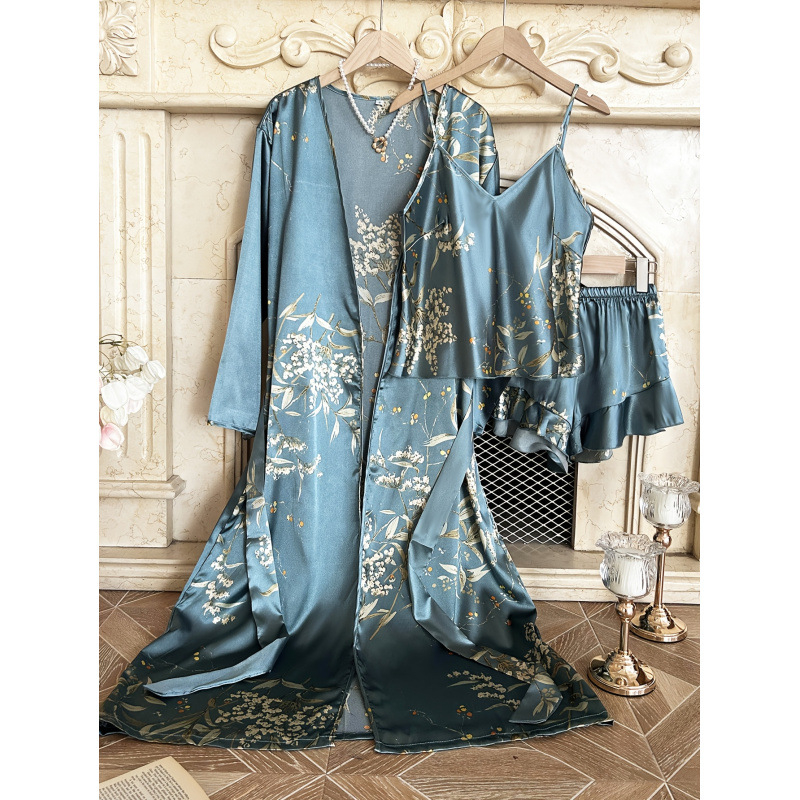 Naktsveļu komplekts ar ķiršu ziedu apdruku, V-veida kakla izgriezums, Sea Island zīds, vidēja svara