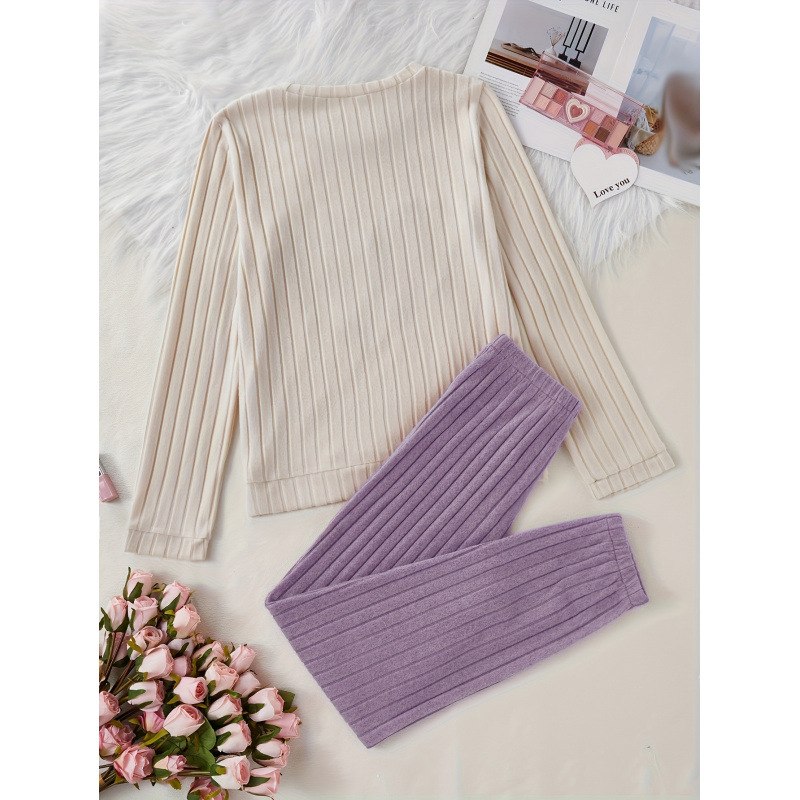 Set de pijamale tricot brodat cu elastan, transparent casual, ultra-subțire 40 g/m², 95% poliester, 5% elastan, guler rotund