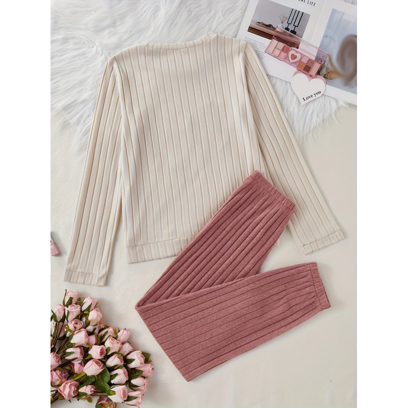 Set de pijamale tricot brodat cu elastan, transparent casual, ultra-subțire 40 g/m², 95% poliester, 5% elastan, guler rotund