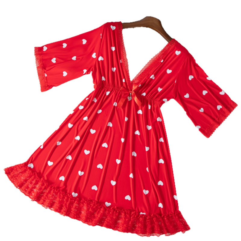 Set de pijama din două piese din Ice Silk cu decolteu în V adânc, fustă scurtă, mâneci 3/4, Nylon 80-90%