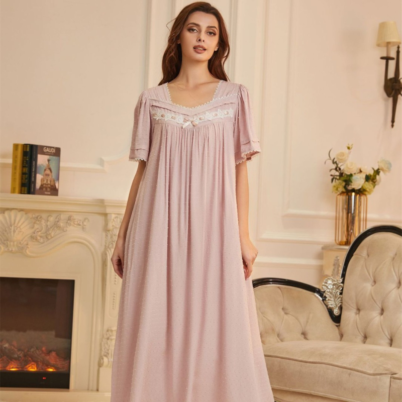 Pijama de noapte cu fustă lungă, 100% viscoză, țesătură subțire, guler pătrat, mâneci 3/4