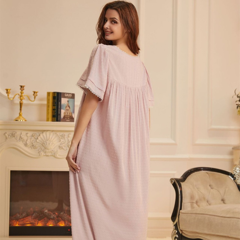 Pijama de noapte cu fustă lungă, 100% viscoză, țesătură subțire, guler pătrat, mâneci 3/4