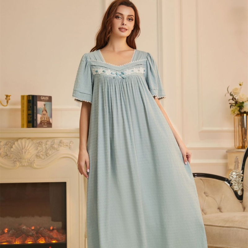 Pijama de noapte cu fustă lungă, 100% viscoză, țesătură subțire, guler pătrat, mâneci 3/4