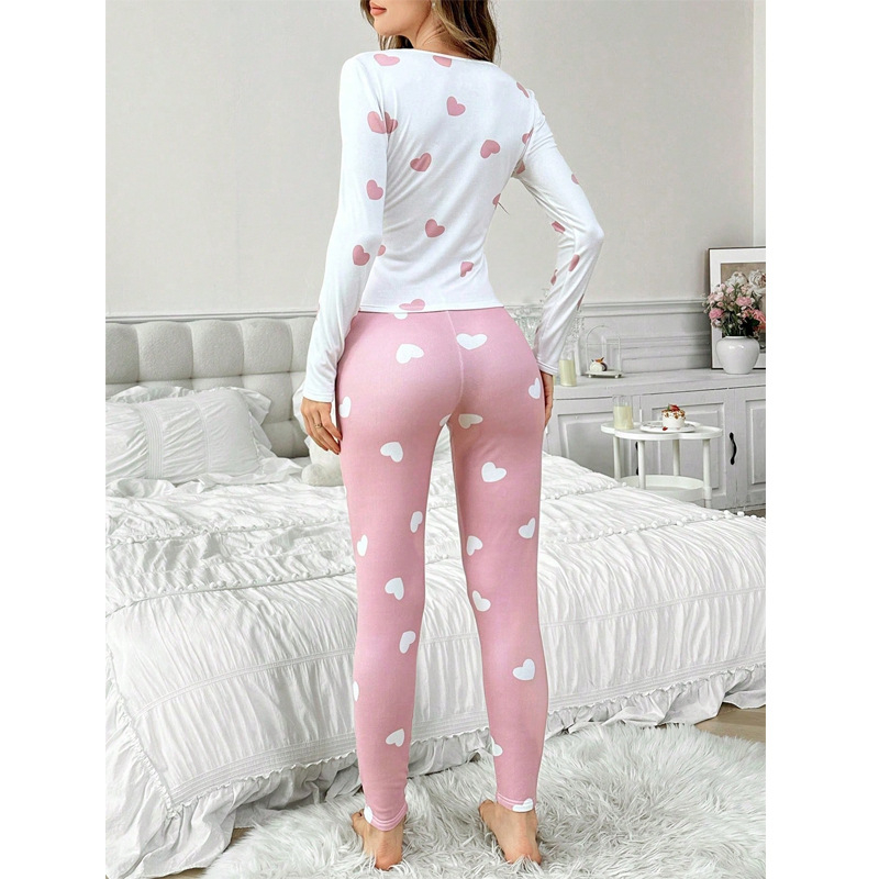 Set de pijamale pentru femei cu decolteu în V, mâneci lungi, pantaloni lungi, grosime medie, respirabil