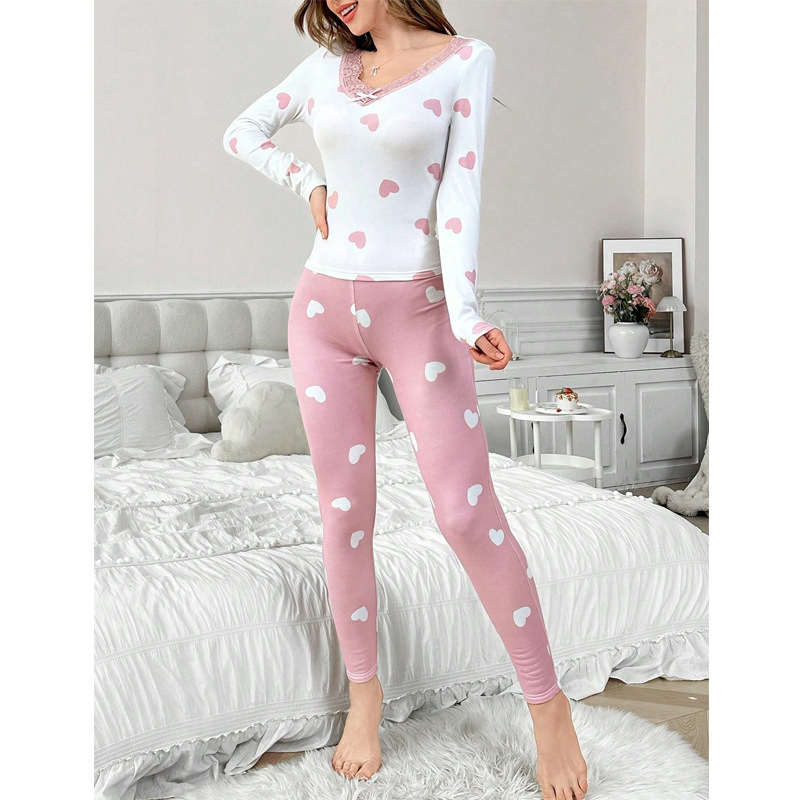 Set de pijamale pentru femei cu decolteu în V, mâneci lungi, pantaloni lungi, grosime medie, respirabil