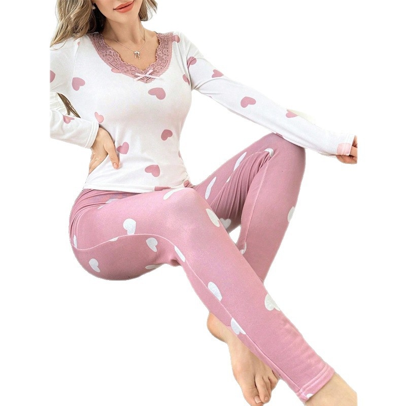 Set de pijamale pentru femei cu decolteu în V, mâneci lungi, pantaloni lungi, grosime medie, respirabil