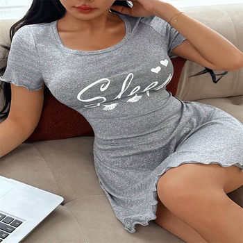 Νυχτερινό φόρεμα από πολυεστέρα με ζωικό μοτίβο, κοντό μανίκι, στρογγυλό λαιμό, οικιακή ενδυμασία, μακρύ μήκος