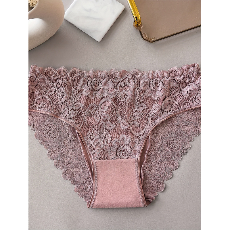 Sieviešu biksītes ar mežģīņu apdari, elpojošas, vidējā talija, vienkrāsainas, 90% neilons, 10% elastāns