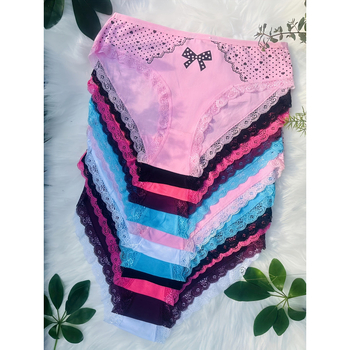 Chiloți pentru femei — imprimeu elegant cu fundă și inimă, talie joasă; material: 100% poliester, căptușeală din fibre de bambus