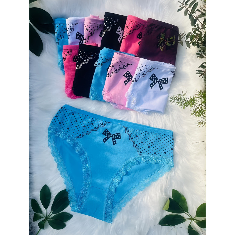 Chiloți pentru femei — imprimeu elegant cu fundă și inimă, talie joasă; material: 100% poliester, căptușeală din fibre de bambus