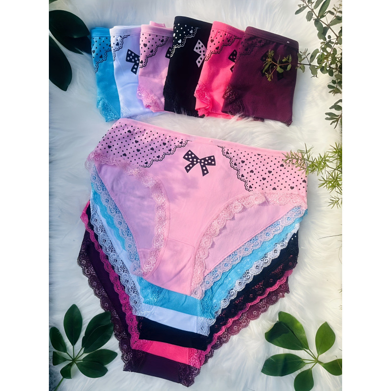 Chiloți pentru femei — imprimeu elegant cu fundă și inimă, talie joasă; material: 100% poliester, căptușeală din fibre de bambus