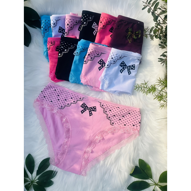 Chiloți pentru femei — imprimeu elegant cu fundă și inimă, talie joasă; material: 100% poliester, căptușeală din fibre de bambus