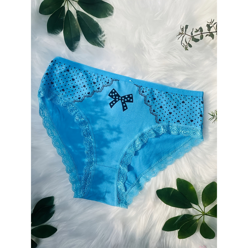 Chiloți pentru femei — imprimeu elegant cu fundă și inimă, talie joasă; material: 100% poliester, căptușeală din fibre de bambus