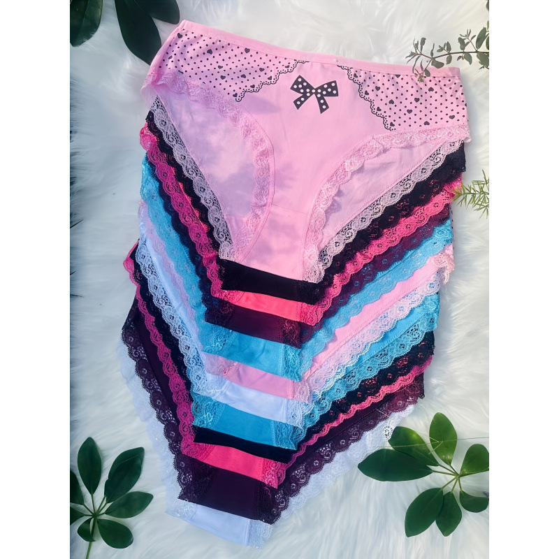 Chiloți pentru femei — imprimeu elegant cu fundă și inimă, talie joasă; material: 100% poliester, căptușeală din fibre de bambus