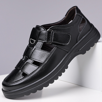 Sandale bărbați din piele perforată, Velcro, talpă din cauciuc, căptușeală din imitatie de piele, anti-derapare