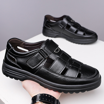 Sandale bărbați din piele perforată, Velcro, talpă din cauciuc, căptușeală din imitatie de piele, anti-derapare