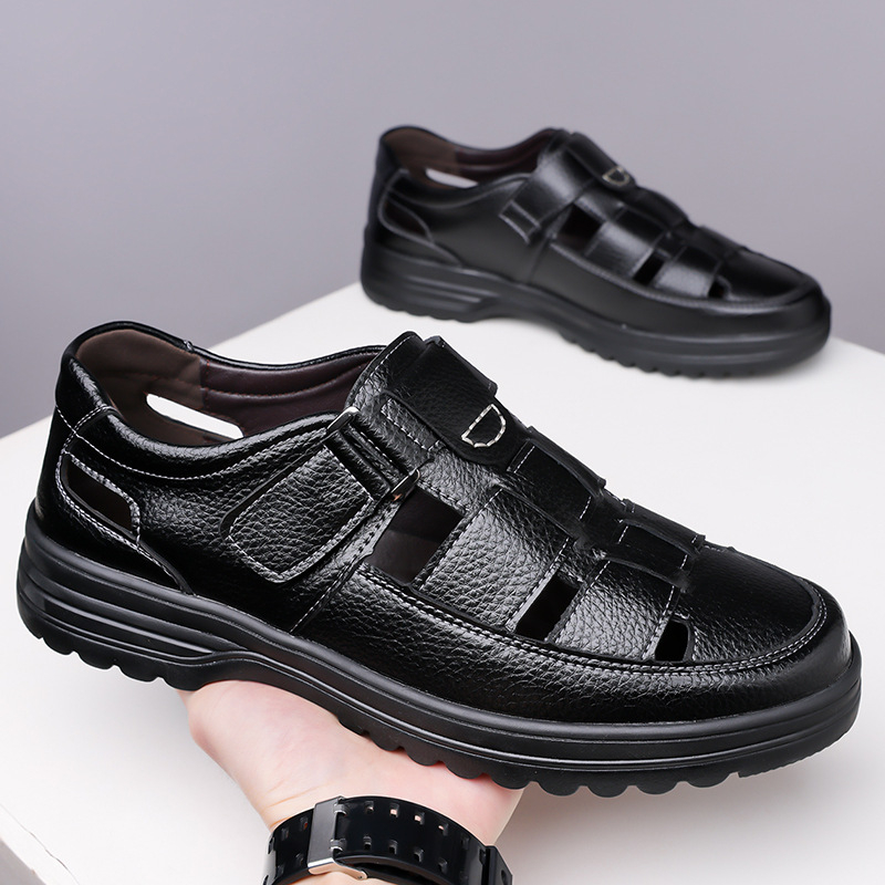 Sandale bărbați din piele perforată, Velcro, talpă din cauciuc, căptușeală din imitatie de piele, anti-derapare