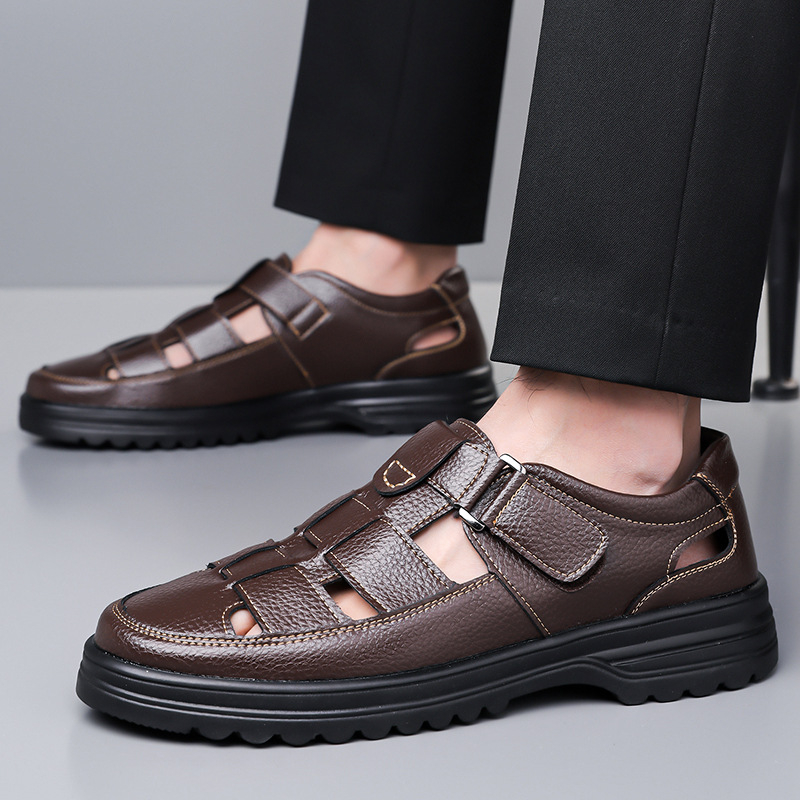 Sandale bărbați din piele perforată, Velcro, talpă din cauciuc, căptușeală din imitatie de piele, anti-derapare