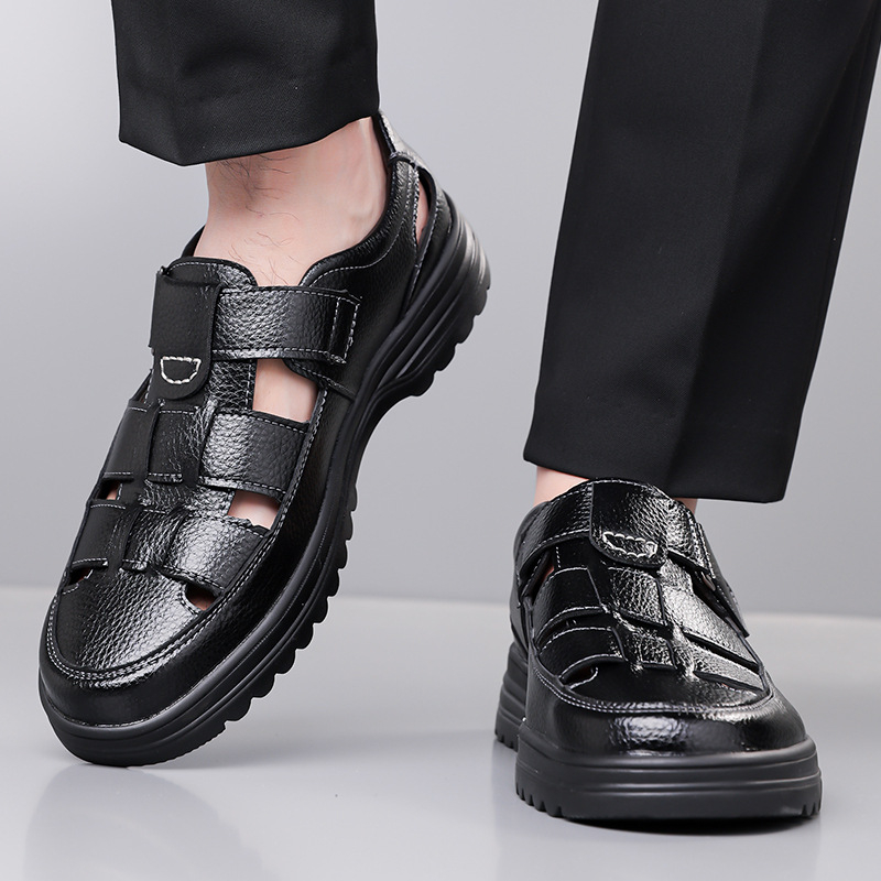 Sandale bărbați din piele perforată, Velcro, talpă din cauciuc, căptușeală din imitatie de piele, anti-derapare