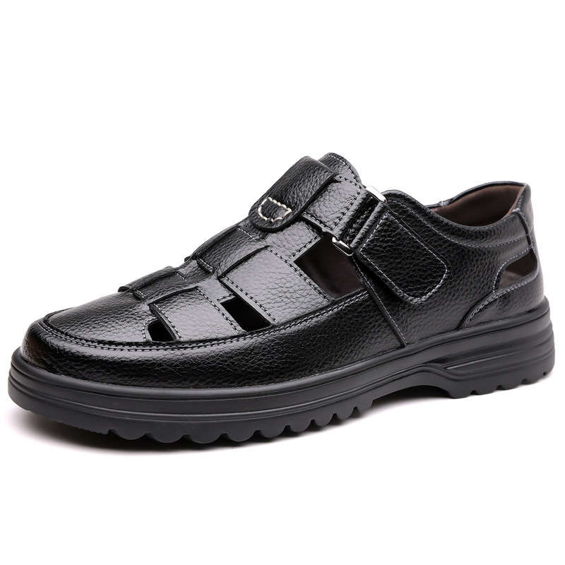 Sandale bărbați din piele perforată, Velcro, talpă din cauciuc, căptușeală din imitatie de piele, anti-derapare