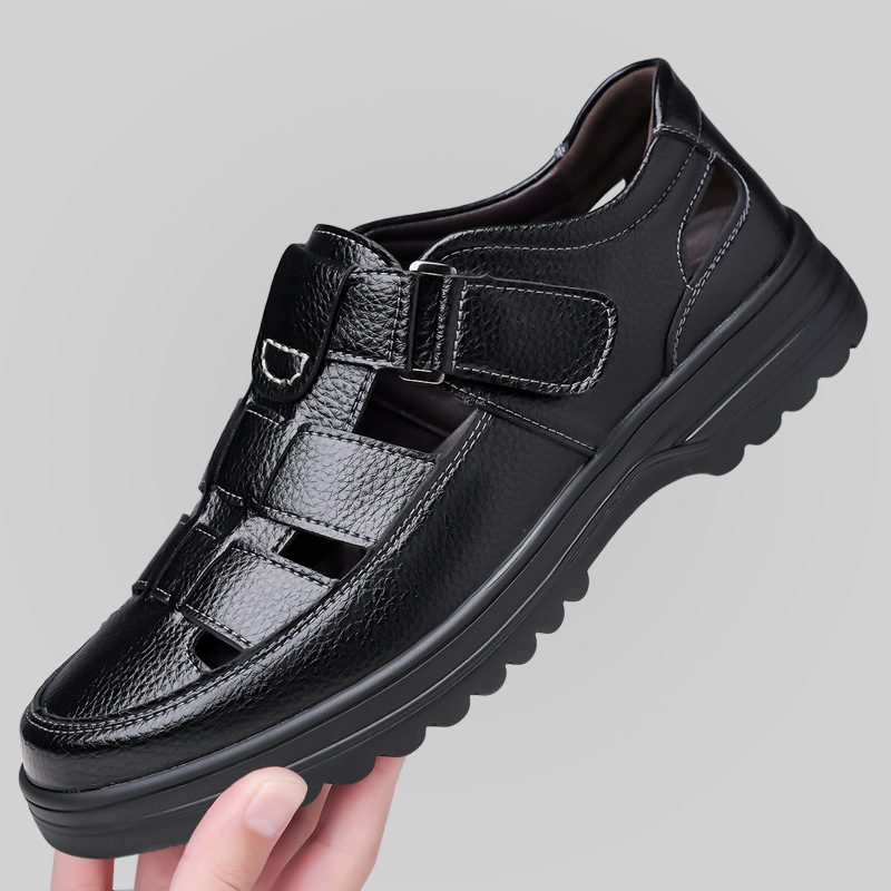 Sandale bărbați din piele perforată, Velcro, talpă din cauciuc, căptușeală din imitatie de piele, anti-derapare