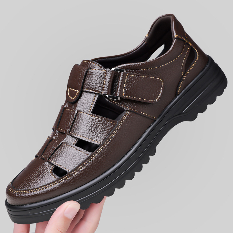 Sandale bărbați din piele perforată, Velcro, talpă din cauciuc, căptușeală din imitatie de piele, anti-derapare