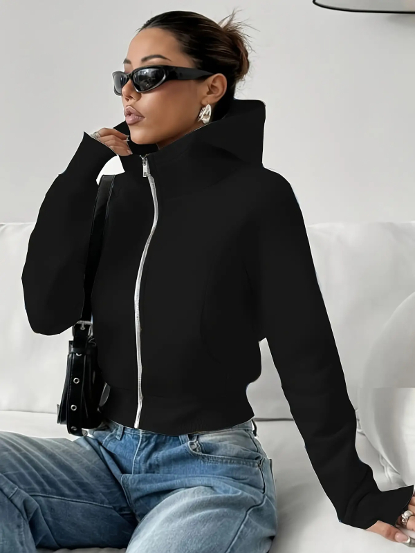 Geacă cu glugă pentru femei, din poliester, greutate medie, lungime standard, fermoar frontal, mâneci lungi, croială lejeră