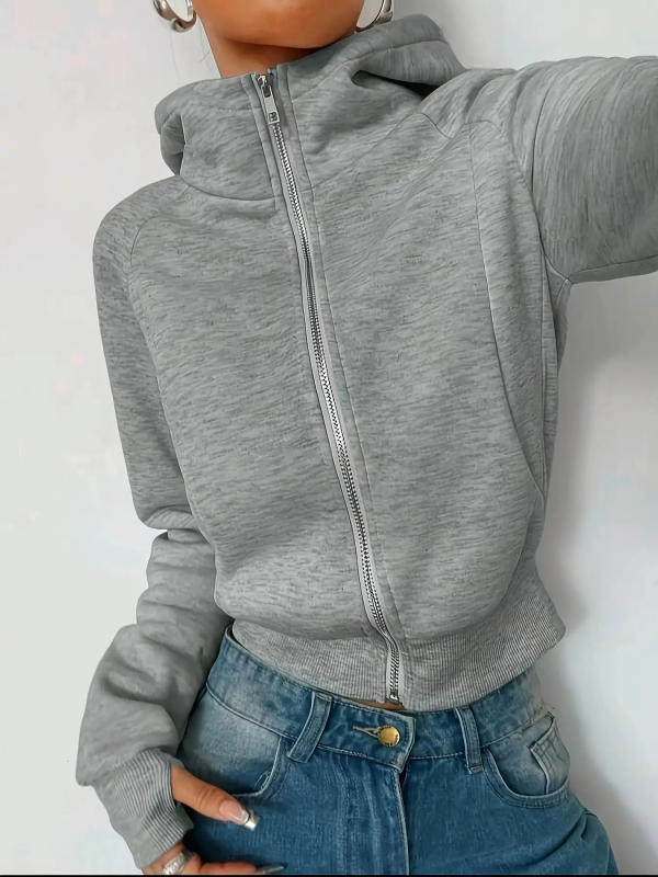 Geacă cu glugă pentru femei, din poliester, greutate medie, lungime standard, fermoar frontal, mâneci lungi, croială lejeră