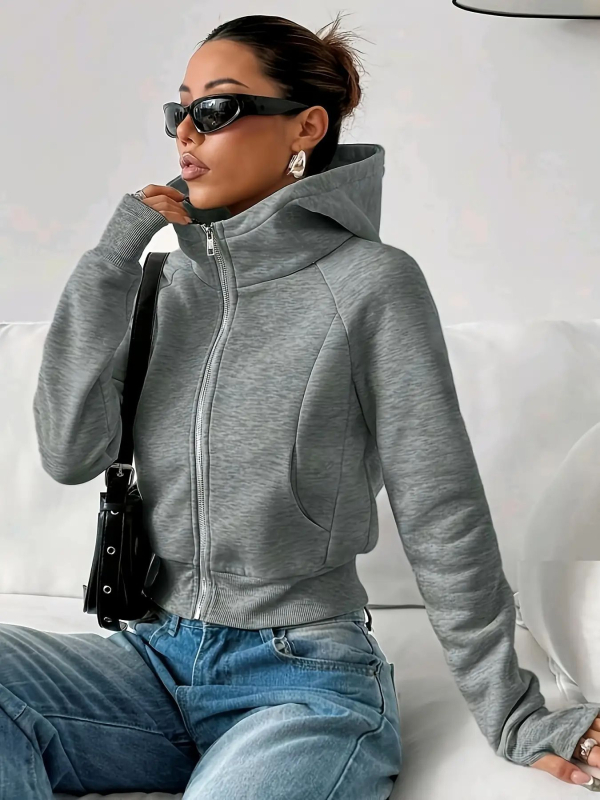 Geacă cu glugă pentru femei, din poliester, greutate medie, lungime standard, fermoar frontal, mâneci lungi, croială lejeră