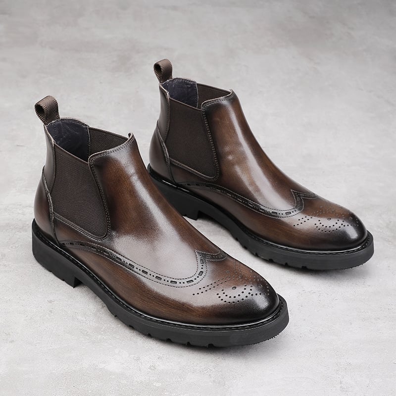 Férfi bőr Chelsea csizmák, üzleti stílus; felsőrész első osztályú marhabőr, gumitalp, kerek orr, oldalsó elasztikus panel, középső sarka 3–5 cm