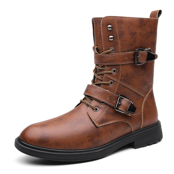 Μποτάκια Martin με υψηλό ύψος, στρογγυλή μύτη, δέρμα αγελάδας στην επάνω επιφάνεια, σόλα καουτσούκ