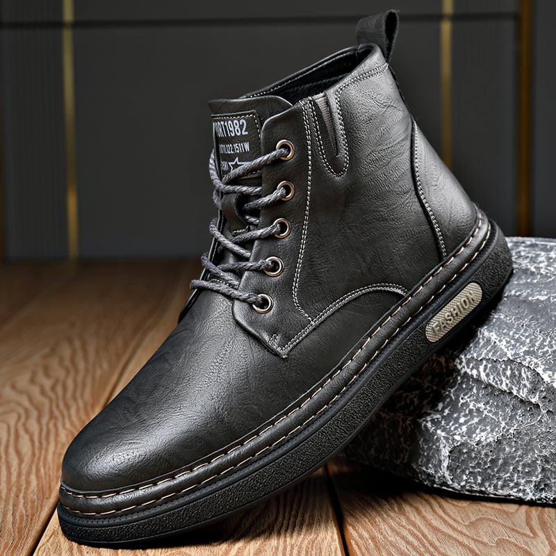 Ghete Martin pentru bărbați, căptușite cu fleece, înalte, talpă din cauciuc, vârf rotund, șireturi în față