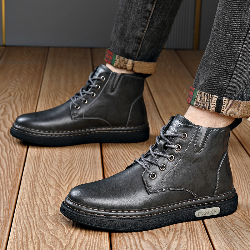 Ghete Martin pentru bărbați, căptușite cu fleece, înalte, talpă din cauciuc, vârf rotund, șireturi în față