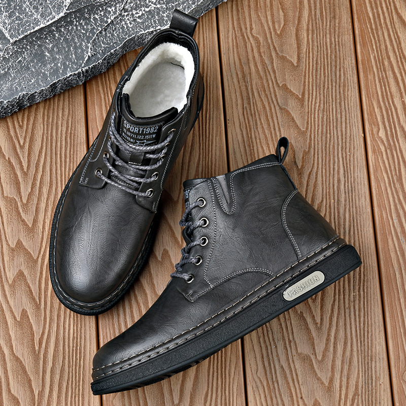 Ghete Martin pentru bărbați, căptușite cu fleece, înalte, talpă din cauciuc, vârf rotund, șireturi în față
