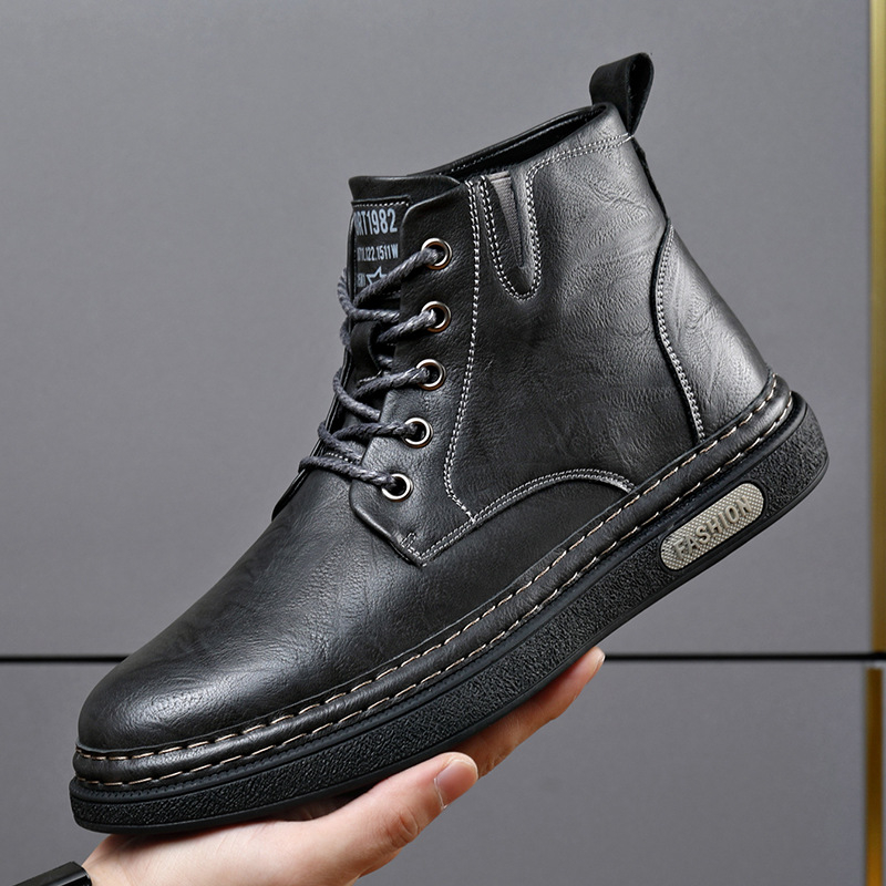 Ghete Martin pentru bărbați, căptușite cu fleece, înalte, talpă din cauciuc, vârf rotund, șireturi în față